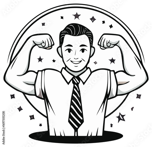 Strong businessman flexing muscles, business success concept, black and white drawing