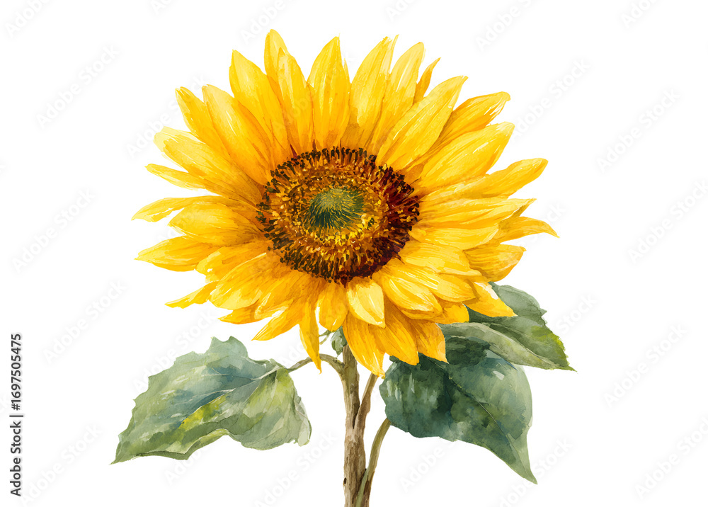 Fototapeta premium Yellow sunflower on isolated white background, waterolor botanical illustratio, hand drawing, summer floer