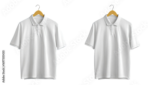 Two identical white polo shirts hanging on wooden hangers