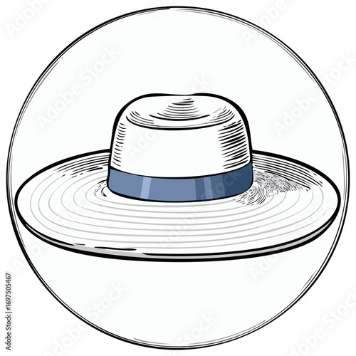 Illustration of a wide-brimmed hat with a blue band within a circle frame