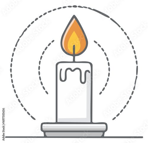 Cartoon lit candle with melting wax and radiating glow illustration