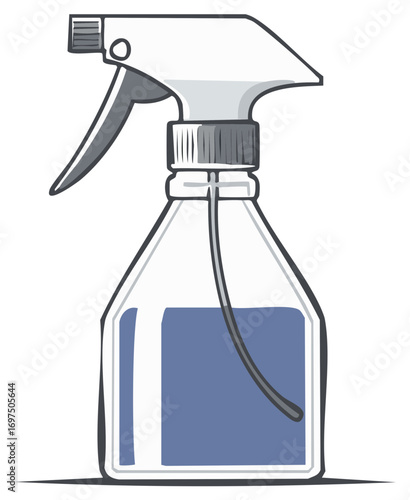 Illustration of clear spray bottle with blue liquid contents and trigger mechanism. Hand drawn illustration.