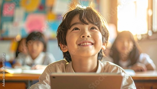 Wallpaper Mural タブレットで勉強をする小学生の男の子 Torontodigital.ca