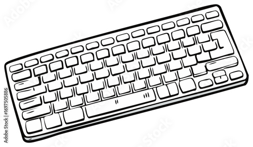Black and white line art illustration of a computer keyboard with blank keys, simple vector drawing