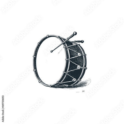 Vintage leather Drum (used in 16s century military marches) – Black and White Icon Vector and Illustration