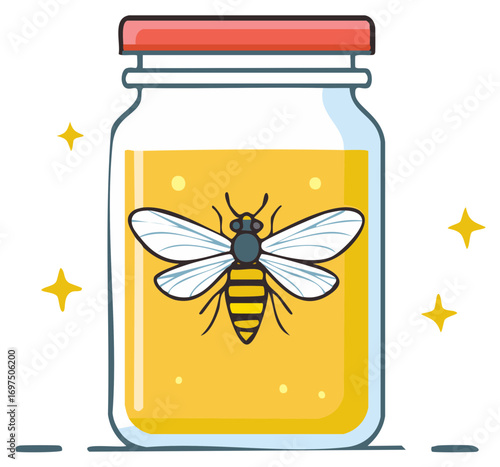 Jar of honey with bee illustration and glittering elements cute cartoon