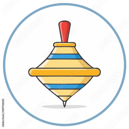 Colorful cartoon spinning top toy with yellow and blue stripes in a circle