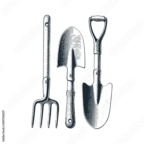 A vintage Victory garden tools – Black and White Icon Vector and Illustration