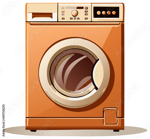 Front loading orange washing machine with clean design and modern controls