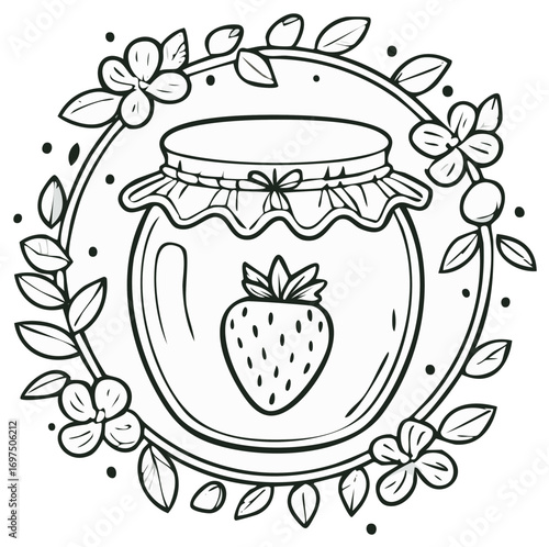 Strawberry Jam Jar Surrounded by a Floral Wreath Line Art