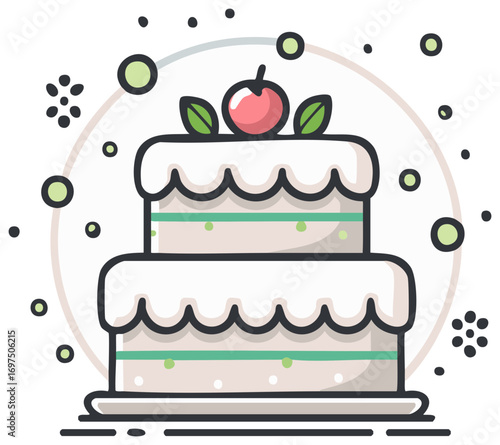Celebration Cake with Frosting and Cherry Topping, Illustration for Birthdays and Celebrations