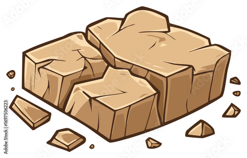 Cartoon illustration of a fractured stone block with broken pieces