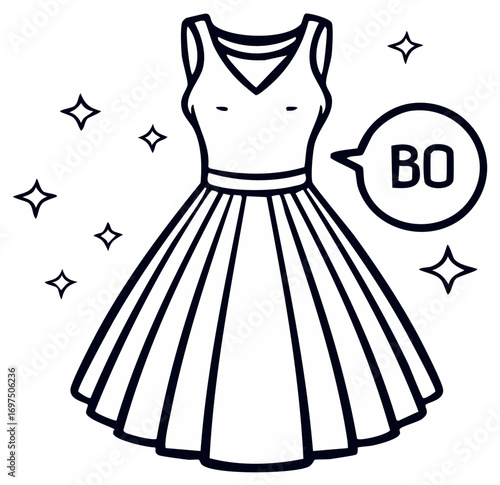 Elegant Dress Outline with Sparkling Stars and Speech Bubble Icon