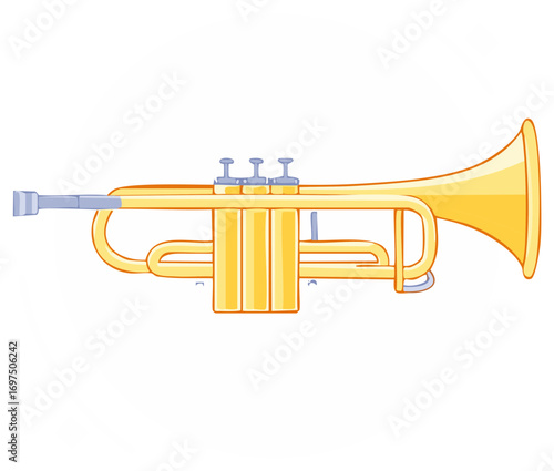 Illustration of a golden trumpet horn instrument for jazz music or classical orchestra concert performing tunes