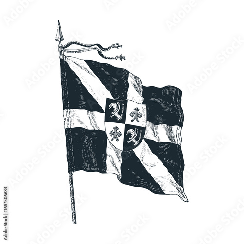 A vintage Military standard (regimental flag) – Black and White Icon Vector and Illustration