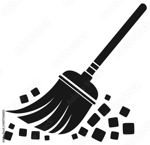 Simple black icon of a broom sweeping dirt and debris for cleaning service concept