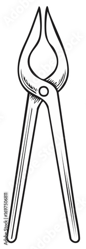 Blacksmith tongs line art vector illustration of a vintage forging tool for metalworking