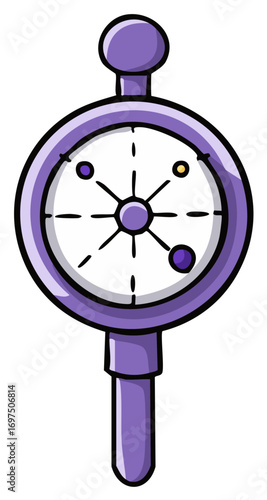 Cartoon illustration of a purple mechanical device with circular dial and hand