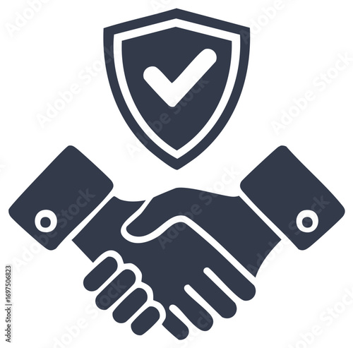 Handshake graphic under shield emblem with checkmark representing secured partnership and agreement