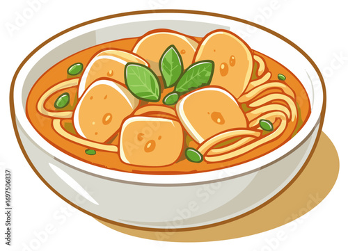 Delicious Noodle Soup with Tofu and Basil Leaves in a White Bowl Cartoon Style Illustration