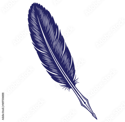 Elegant vector illustration of a detailed blue quill pen feather on white background