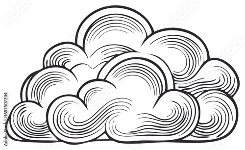 Black and white cloud graphic illustration of multiple fluffy cumulonimbus clouds.