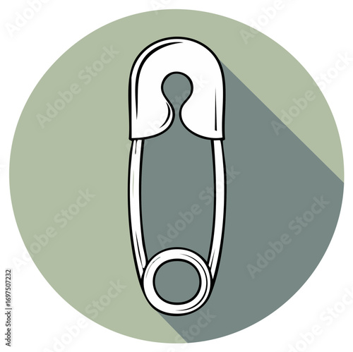 Classic safety pin graphic illustration with long shadow against circular background