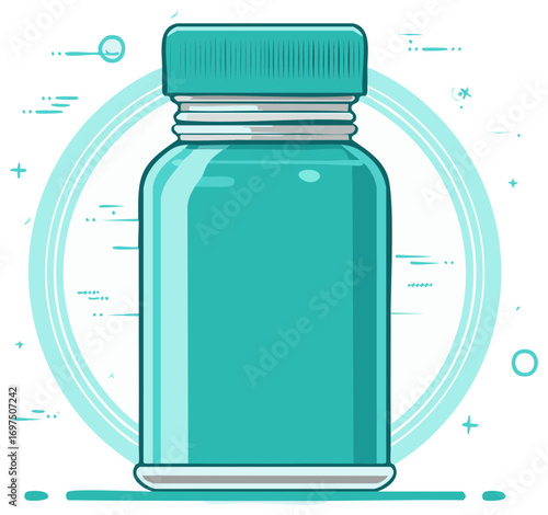 Teal Pill Bottle with Abstract Design Element for Medical Supplies or Health Products