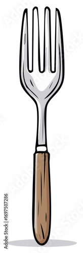 Hand drawn style illustration of a metal dining fork with a traditional wooden handle