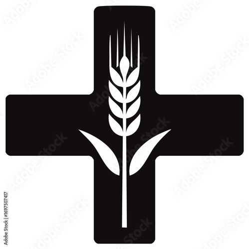Stylized Grain Stalk Centered on a Bold Black Plus Sign Symbol Agriculture and Health Icon