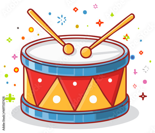 Cartoon drum with drumsticks and decorative elements. Colorful illustration.
