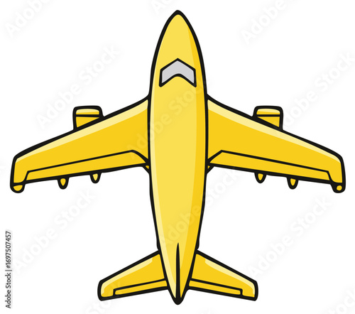 Yellow passenger airplane illustration from a top down view cartoon style for travel and aviation