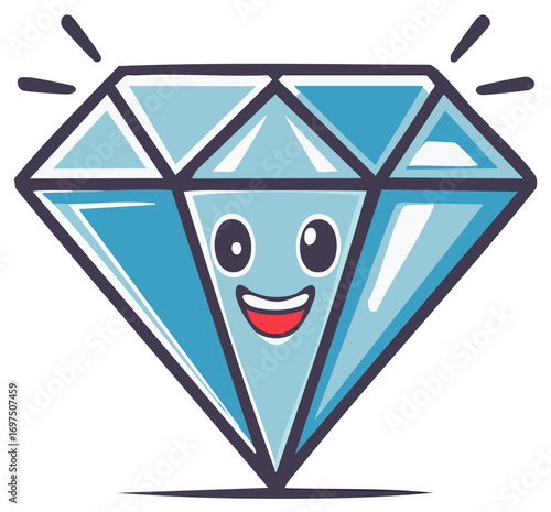 Cartoon Diamond with a Happy Face Sparkling with a Blue Faceted Design