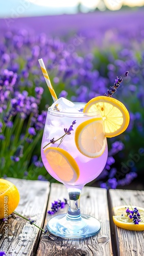 A vibrant, chilled lavender-lemon drink, garnished with fresh lemon slices and sprigs of lavender, sits on a rustic wooden surface amidst a field of purple lavender flowers.