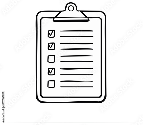 Checklist on Clipboard Illustration with Checked and Empty Boxes, Simple Hand Drawn Style