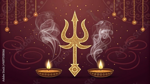 Golden Trishul trident symbol of shiva with smoke and diyas, representing divine power and spirituality during religious ceremony.