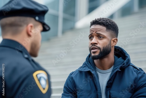 Concerned black man in casual clothing having serious conversation with police officer outside modern building entrance du daytime