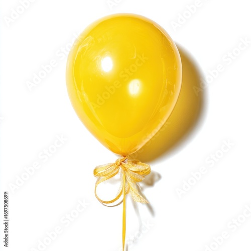 Single yellow balloon tied with a ribbon. Isolated on white background with a shadow behind it
