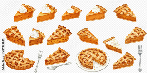 A collection of watercolor illustrations of pumpkin and apple pies, featuring whole pies and slices with lattice crusts and whipped cream.