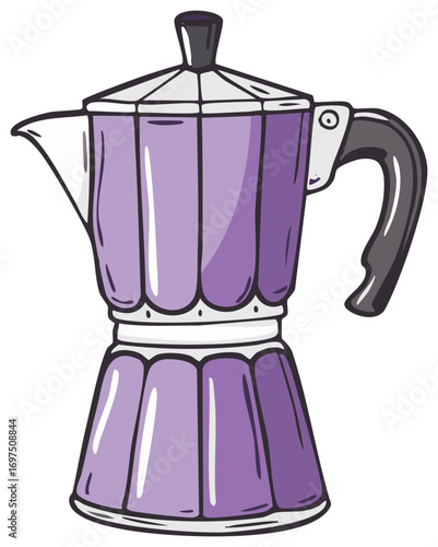 Purple Moka Pot Illustration: Classic Italian Coffee Maker Design with Modern Color Palette for Fresh Brews