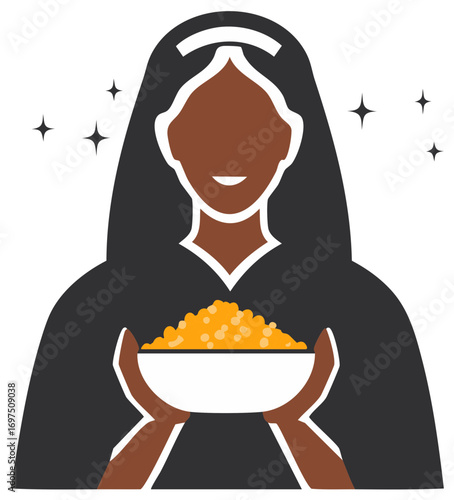 Illustration of a person wearing a headscarf holding a bowl of grain