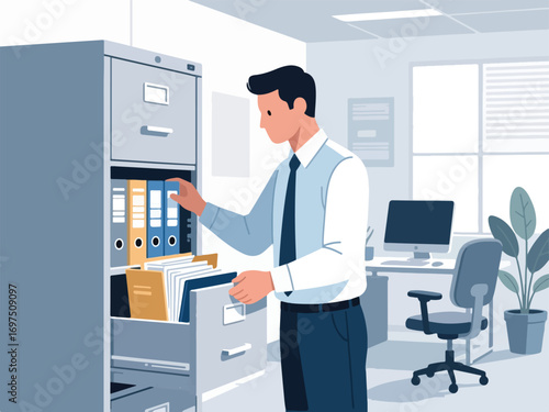 Flat Design of Office Employee Organizing Files in Filing Cabinet - Flat 2D Vector Illustration
