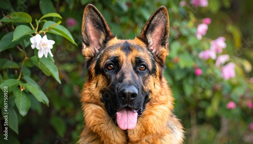 A German Shepherd dog, with its tongue out, poses amidst a lush garden setting of green foliage and blossoming pink flowers.