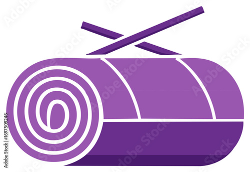 Purple yoga mat rolled with crisscross straps, flat design