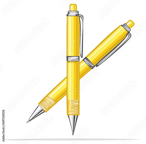 Bright yellow writing pens crossed to symbolize creativity and communication in a simple illustration