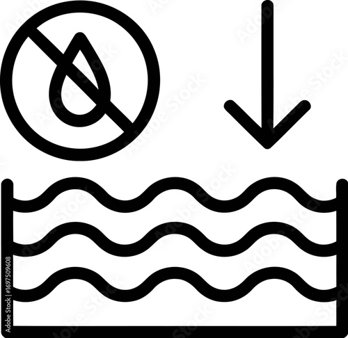 Symbol of no water and a downward arrow indicating low level or drought.