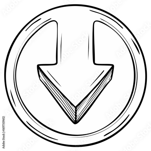 Hand drawn arrow icon pointing down in circle with shadows, download symbol sketch