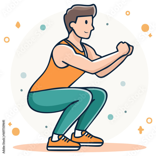 Man performing a squat exercise in athletic wear, animated style