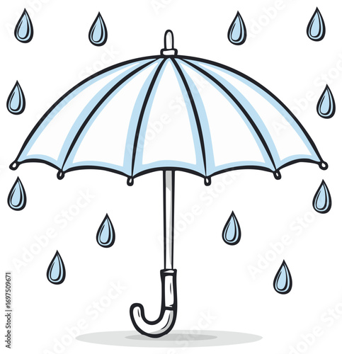 Illustration of an open umbrella protecting against falling rain drops