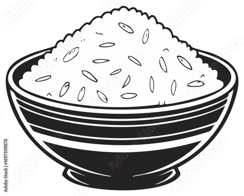 Simple graphic illustration of a serving bowl filled with a generous portion of cooked rice